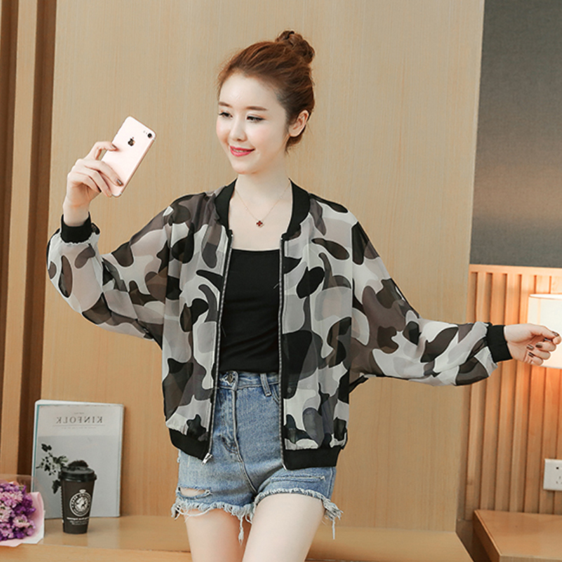 Thời Trang Áo Khoác Chiffon Tay Dài Hoạ Tiết Lính Phong Cách Hàn Quốc