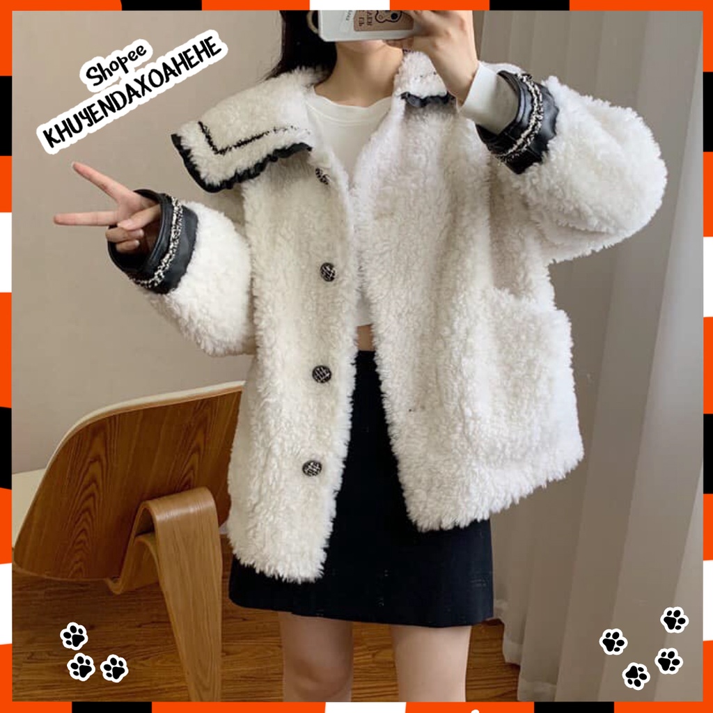 AK008 áo khoác lông cừu trắng cổ thủy thủ dáng babydoll tay bồng điệu, áo lông dáng rộng BBD tiểu thư bánh bèo cute xinh | BigBuy360 - bigbuy360.vn
