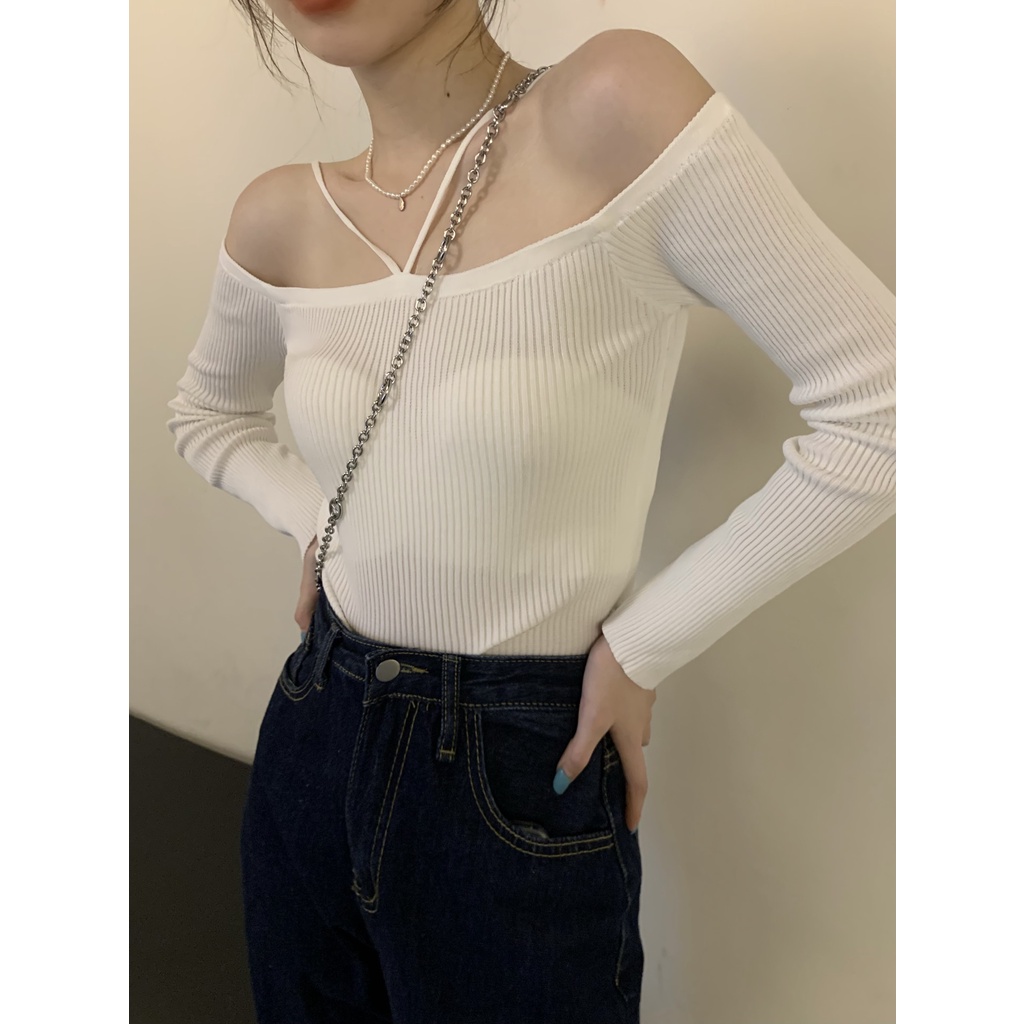 Áo Dệt Kim Nữ Tay Dài Trễ Vai Gợi Cảm Thời Trang