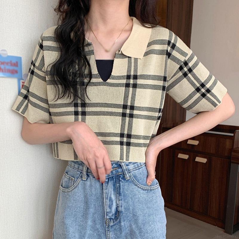 Áo croptop dệt kim tay ngắn cổ chữ v thiết kế dáng rộng thoải mái