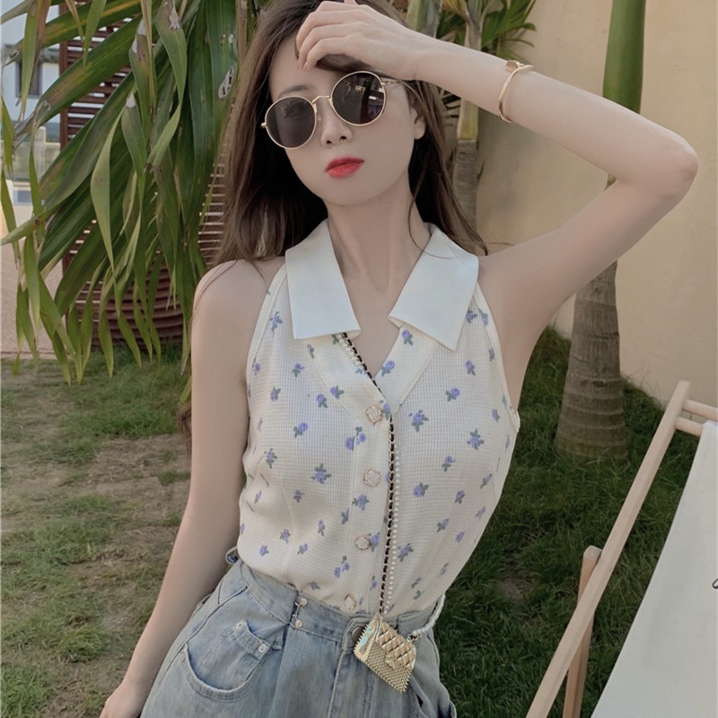 Áo Dệt Kim Sát Nách Cổ Chữ v Họa Tiết Hoa Màu Trơn Phong Cách Quyến Rũ Cho Nữ