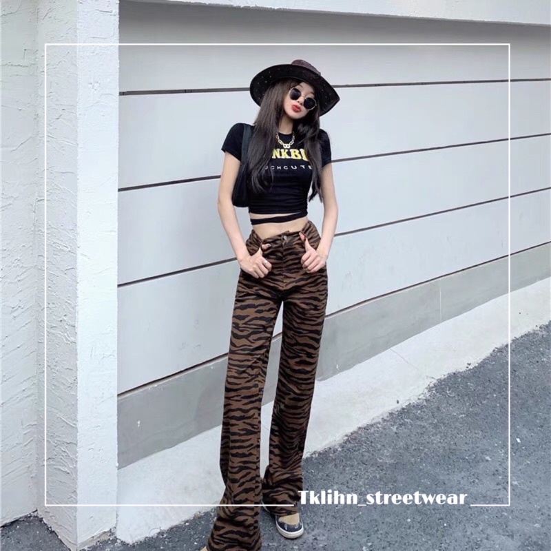 ULZZANG Set áo croptop buộc eo + quần ống loe hoạ tiết vằn ngưa FASHIONITA 2021 hot Tiktok | BigBuy360 - bigbuy360.vn