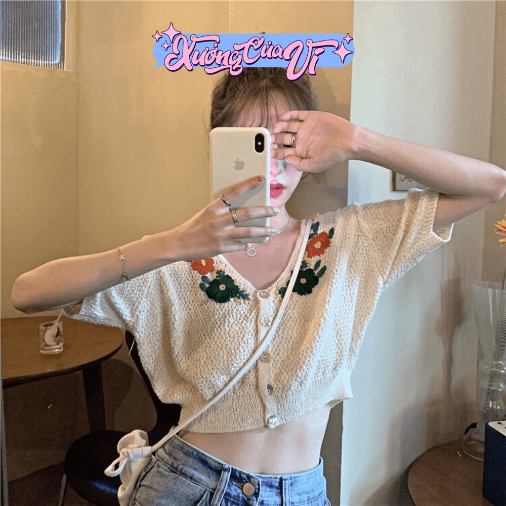 Áo nữ croptop cardigan tay ngắn thêu hoa phong cách Hàn Quốc ATN010 Xưởng Của Vi