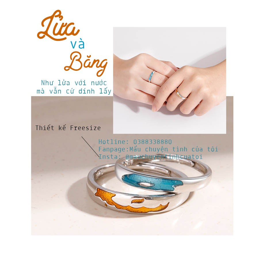 Nhẫn bạc lửa và băng - Nhẫn bạc S999 cặp đôi- Tặng hộp nhung và khăn lau bạc   - Mẩu chuyện tình của tôi
