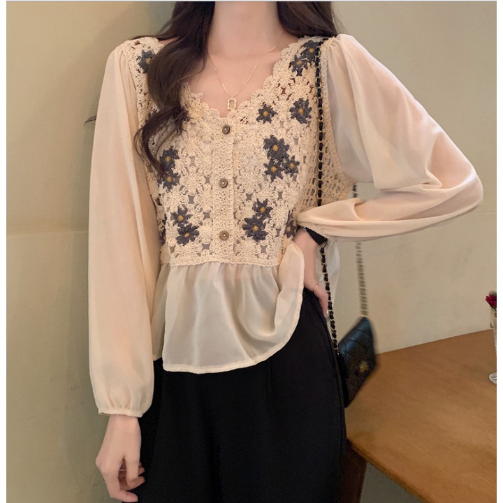 Áo kiểu tay dài voan phối lưới cói thêu hoa AK38