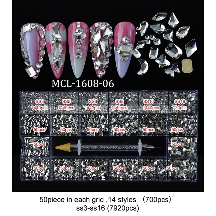 Hộp 8620 Hạt Kim Cương Giả Nhiều Hình Dạng Dùng Trang Trí Móng Tay Nghệ Thuật DIY