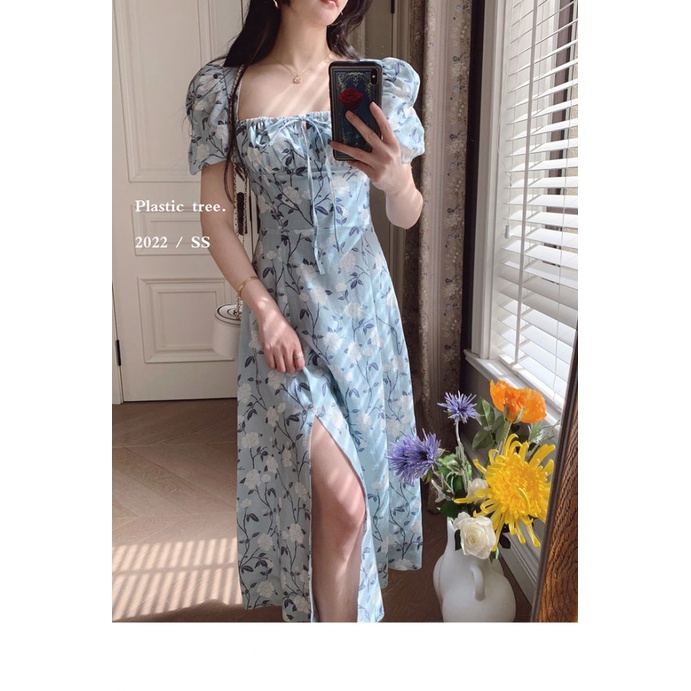 Đầm Dài Tay Phồng Cổ Vuông In Họa Tiết Hoa Phong Cách Phương Tây Thời Trang Mùa Hè Hàng Mới Dành Cho Nữ 2022