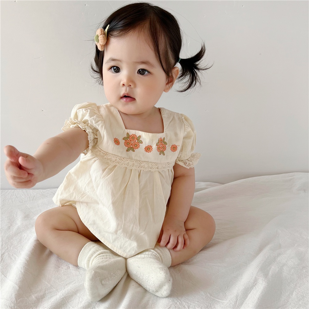 Đầm Công Chúa Ngắn Tay Thêu Hoa Cho Bé Gái