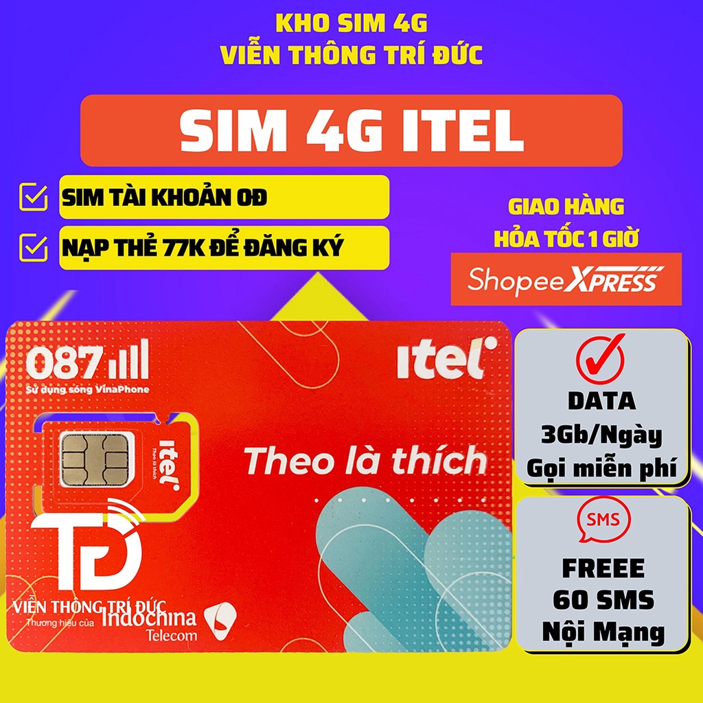 Sim 4G itel May77 Data 90GB/tháng + Miễn Phí Gọi, Sim Mạng Vinaphone 4G Full Toàn Quốc Giá siêu rẻ - Viễn Thông Trí Đức