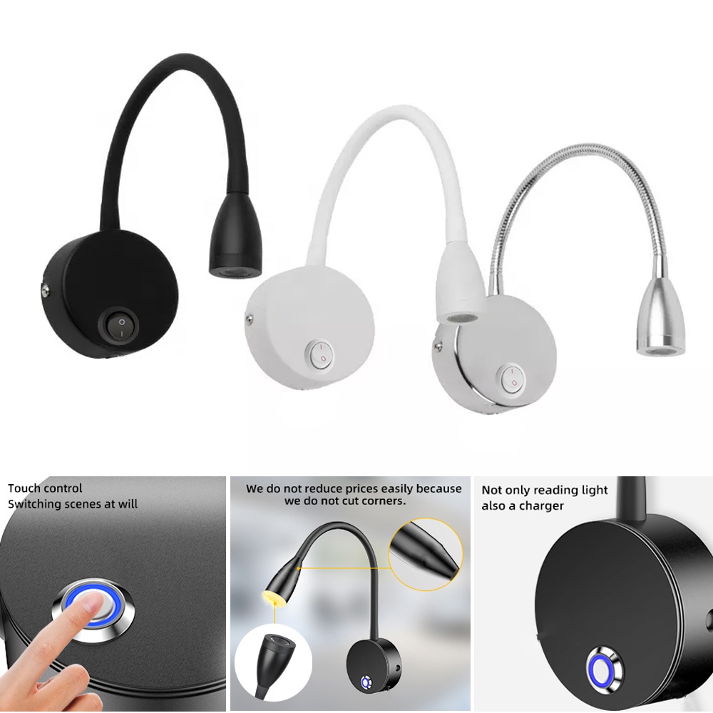 Đèn rọi đọc sách gắn tường đầu giường LED 3W - 220V, Thân đèn Kim loại điều chỉnh đa nnawg