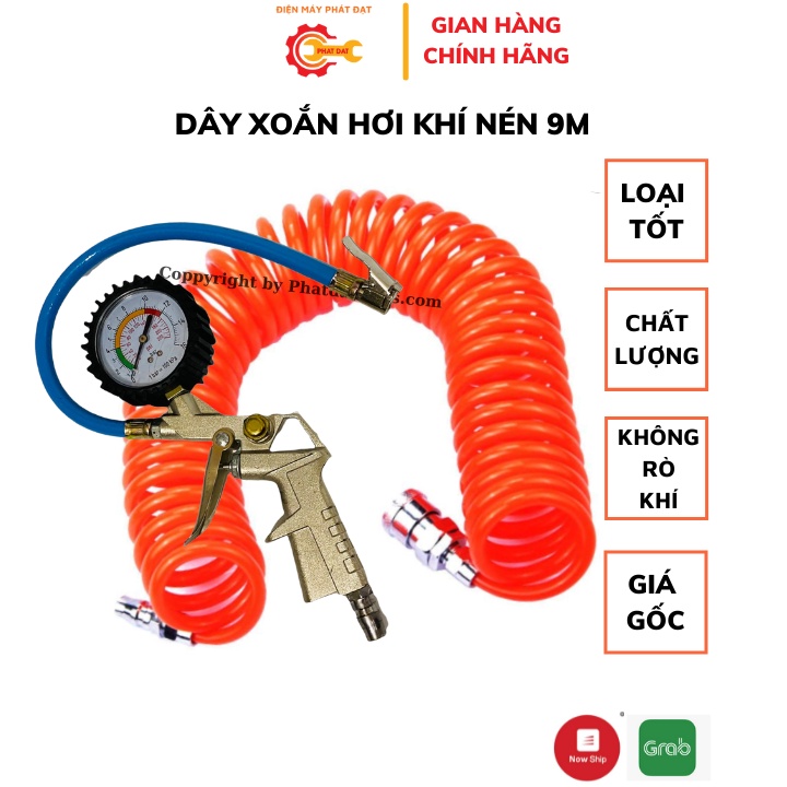 Combo Dây xoắn hơi 9m và đồng hồ bơm lốp Đài Loan Hàng Chất Lượng