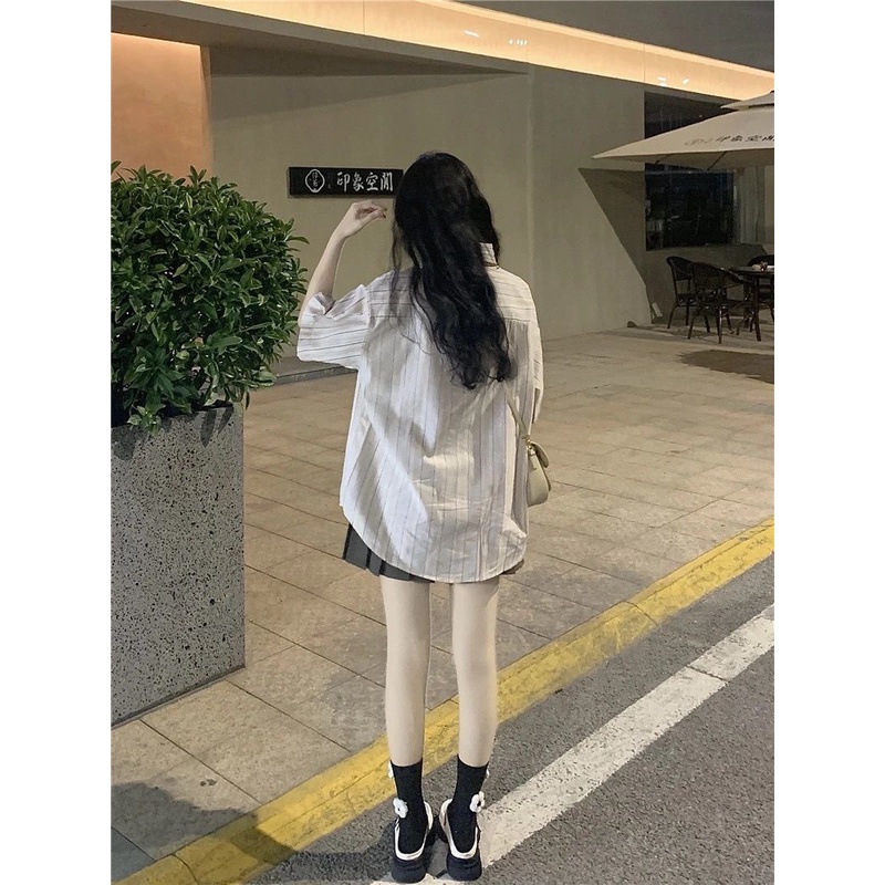 Set Áo Sơ Mi Ngắn Tay Kẻ Sọc Và Chân Váy Xếp Ly Phong Cách Retro Cho Nữ