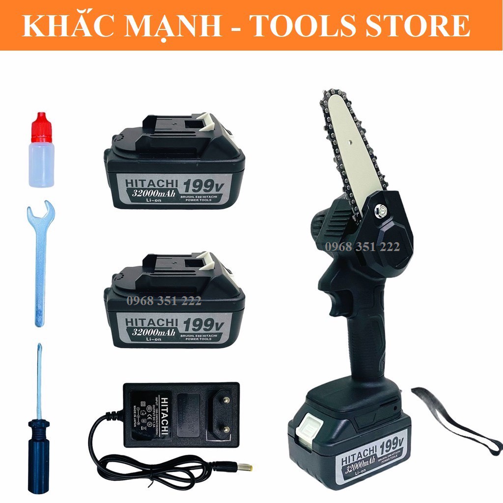 CƯA XÍCH CẦM TAY MINI CHẠY PIN HITACHI 199V , DÙNG CHUNG PIN MAKITA 18V