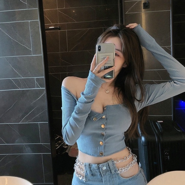 Áo croptop Tay Dài Thiết Kế Trễ Vai Quyến Rũ