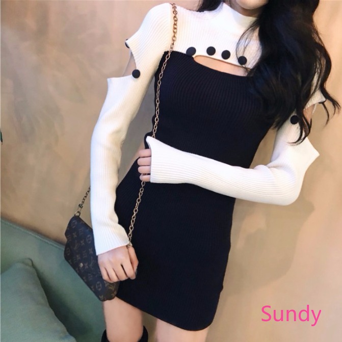 Đầm dệt kim tay ngắn phong cách quyến rũ và trẻ trung cho phái nữ