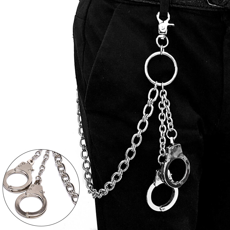 Mens Hip Top Punk Rock Pants Trousers Jeans Waist Wallet Skull Metal Chains