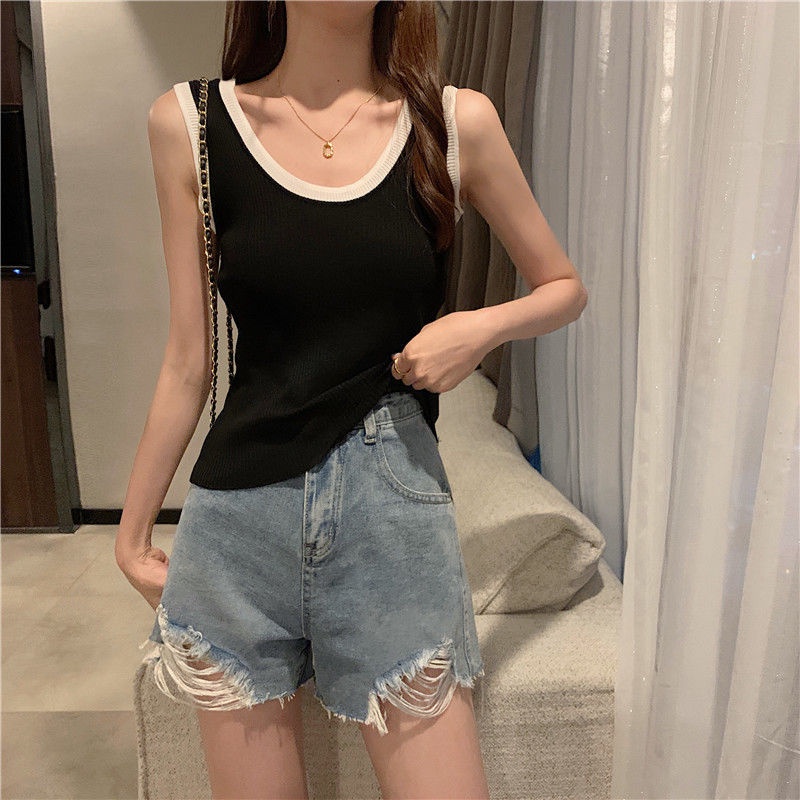 Áo Hai Dây Dệt Kim Phối Màu Tương Phản Thời Trang Mùa Hè 2022 Mới Cho Nữ