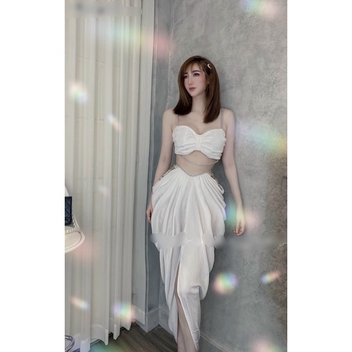 Set Hy Lạp áo bra 2 dây nơ cúp ngực + váy dài xẻ đùi Hồng Trắng váy đi chơi dạo phố du lịch đi biển sexy dự tiệc hotgirl