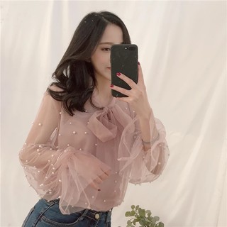 Áo sơ mi lưới voan đính nơ kèm ảnh thật