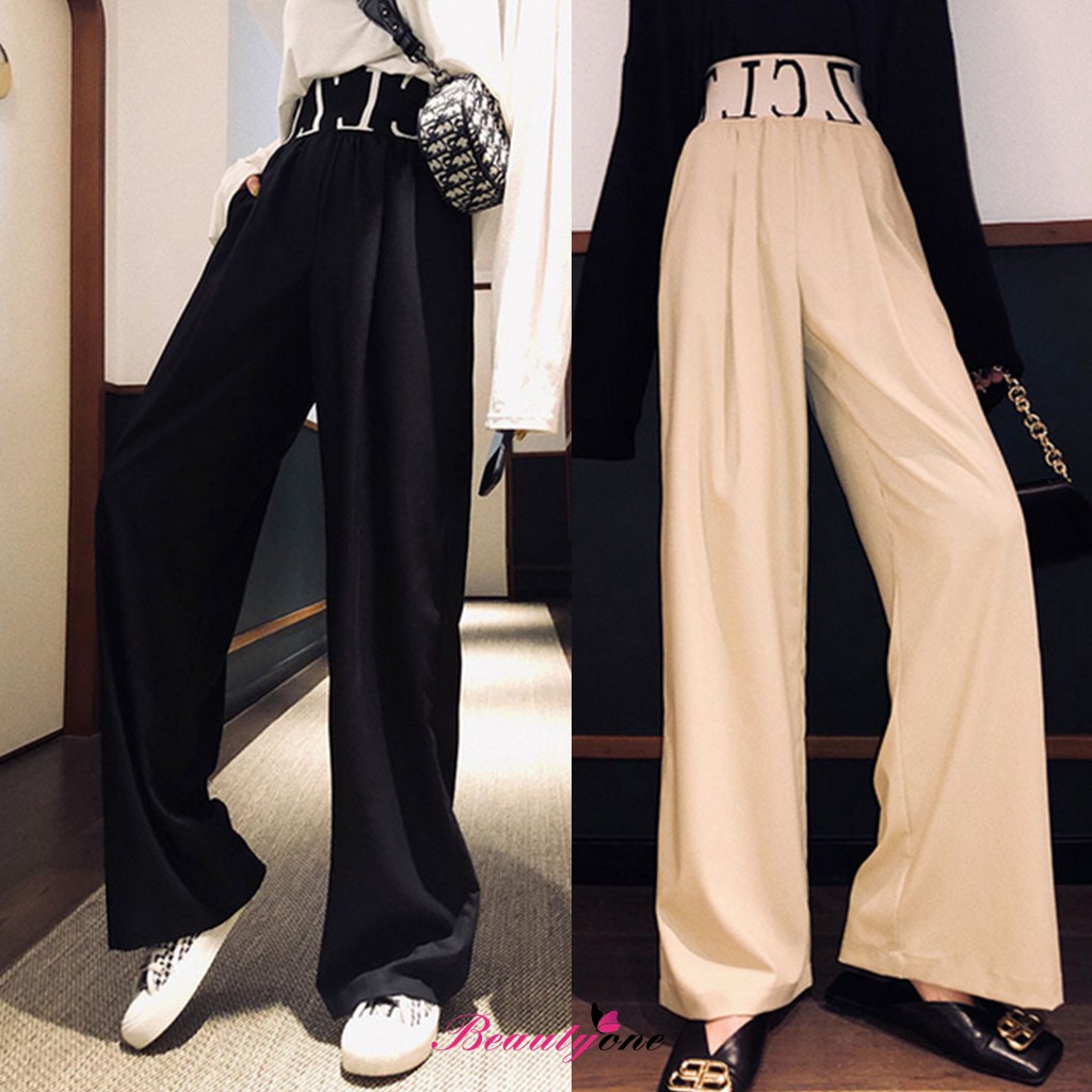 Quần ống rộng lưng thun cao màu trơn chất liệu co giãn thoải mái