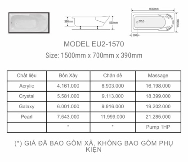 BỒN TẮM DÀI 2 YẾM EUROCA  - MODEL EU2 - 1570 - BẢO HÀNH 3 NĂM