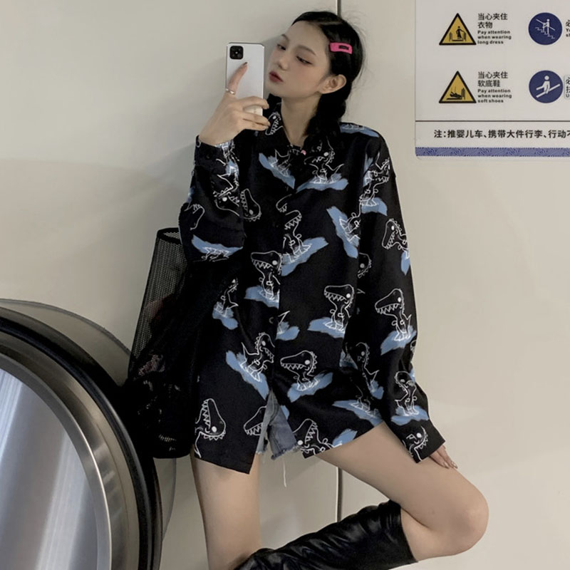 Women's Retro Print Korean Top Fashion Loose Dinosaur Long Sleeve Shirt | BigBuy360 - bigbuy360.vn