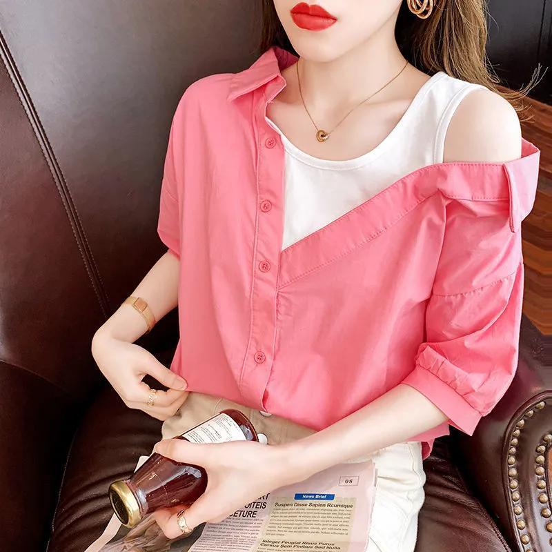 Áo Sơ Mi Giả Hai Mảnh Dáng Rộng Tay Ngắn 2022 Thời Trang Mùa Hè Dành Cho Nữ