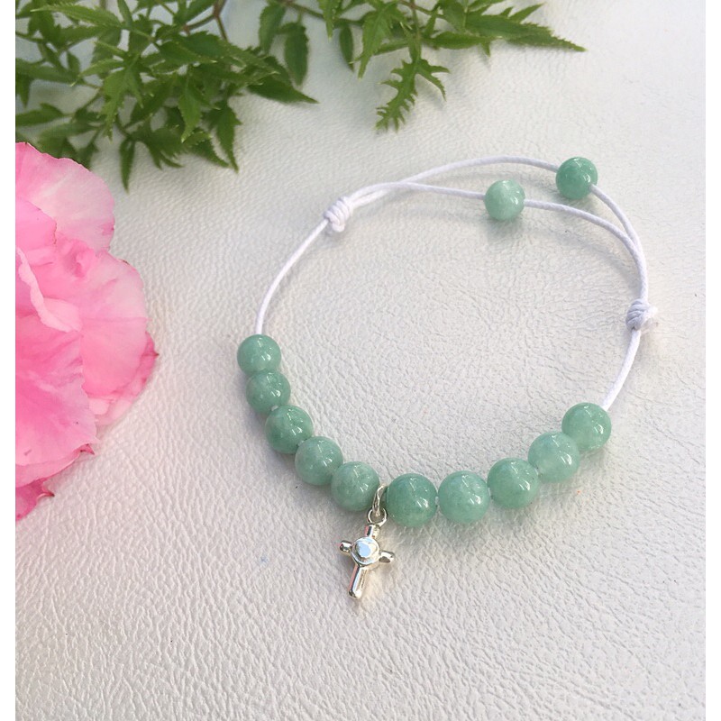 Vòng hạt gỗ Mân Côi đeo tay Chuỗi Công Giá Thánh giá bạc S925 corded jade Rosary bracelet