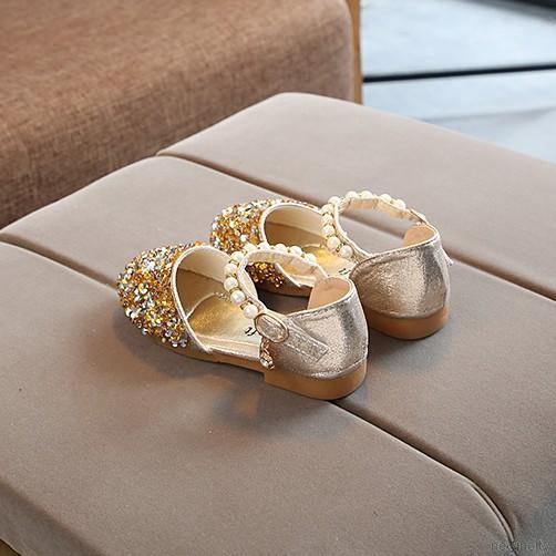 Giày đế mềm thoáng khí chống trượt đính ngọc trai và kim cương giả cho bé gái tập đi