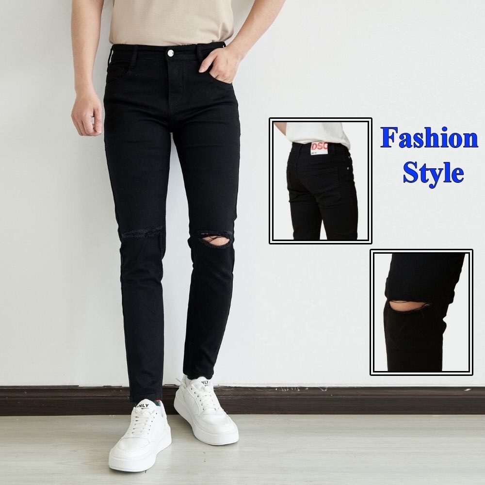 Quần jean nam, quần bò nam rách gối, màu đen trơn, dáng Slimfit thoải mái vận động QD012 - K.A Jeans