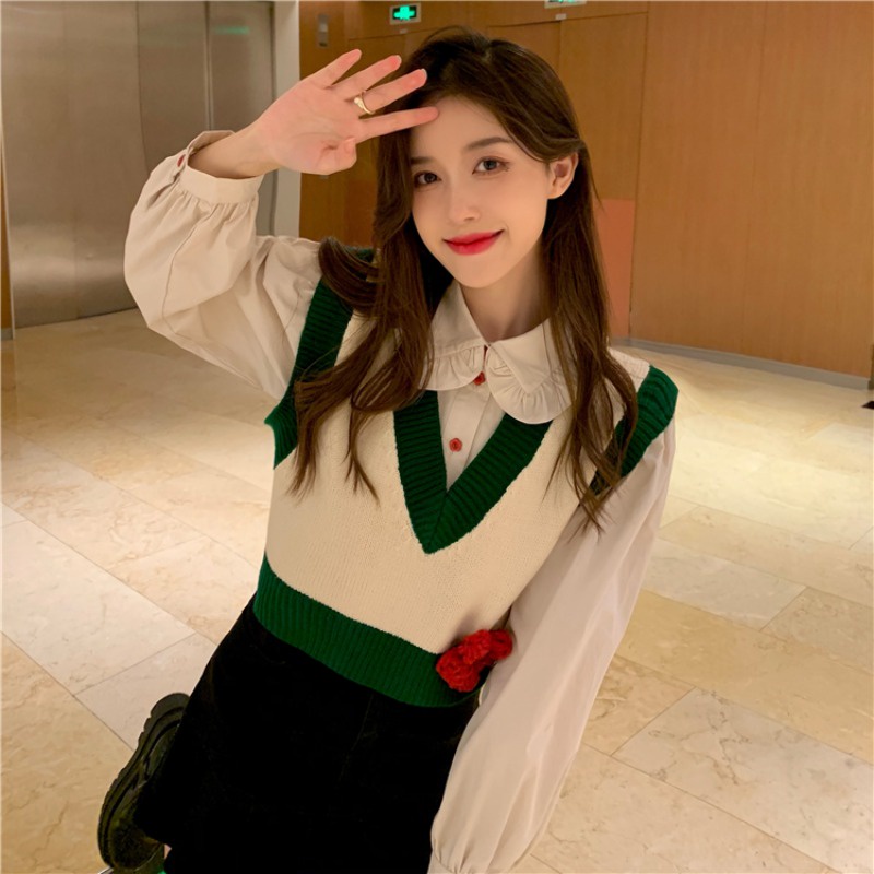 ZHELIHANGFEI Áo Len Không Tay Phong Cách Preppy Dễ Phối Đồ