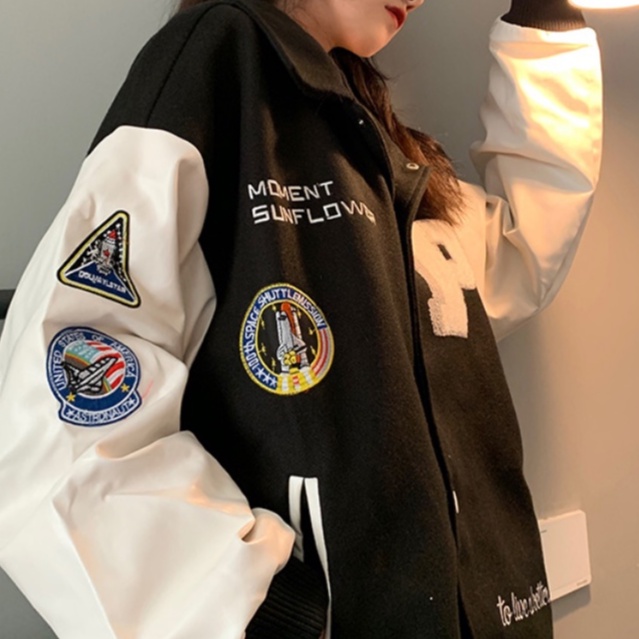 Áo khoác bomber Jacket vải nỉ phối tay da, áo bomber bóng chày nam nữ unisex form rộng Đồng phục bóng chày nam thanh niên thời trang unisex thêu tay