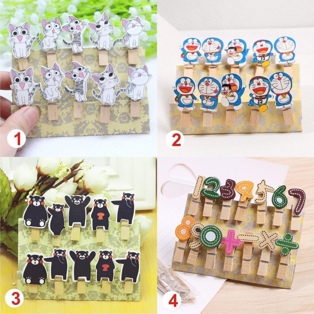 10 Kẹp gỗ và dây thừng để treo ảnh - Mini heart wooden pegs photo clips