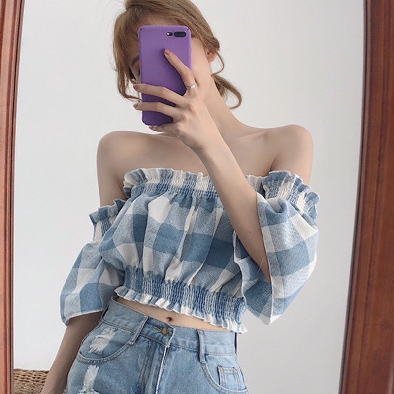 Áo croptop tay ngắn trễ vai họa tiết caro nữ tính gợi cảm cho nữ | BigBuy360 - bigbuy360.vn