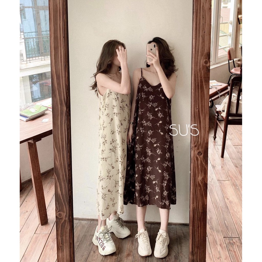 Váy hai dây hoa nhí - Đầm bông hai dây nữ dáng suông họa tiết hoa nhí vintage 2 màu