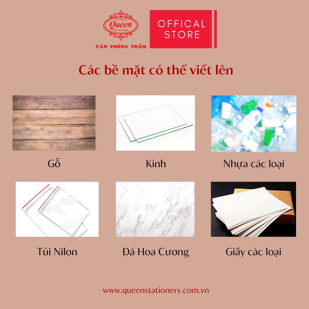 Bút lông dầu Queen  - CHÍNH HÃNG - Hai Đầu Vuông Tròn - Màu Xanh Dương/Đen/Đỏ/Xanh Lá/Hồng Sen - PM02