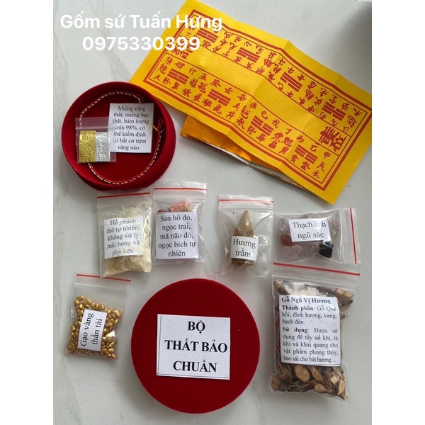Bộ cốt thất bảo chuẩn, Cốt bát nhang, nạp tượng, kèm gỗ ngũ vị và gạo vàng thần tài. nụ tầm cao cấp