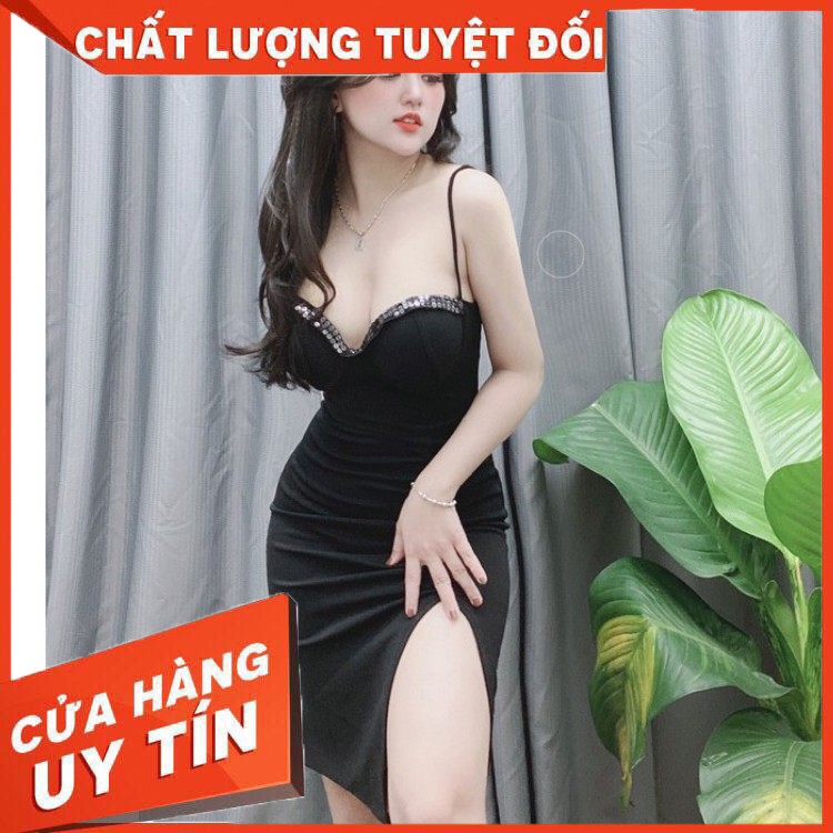 ✔️hienphamstore✔️ Đầm 2 dây ôm cúp ngực sexy, phối ren ngực, xẻ tà - D8055