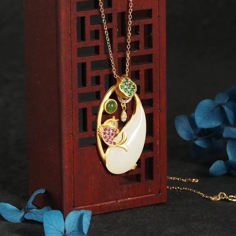 ❤⭐Dây Chuyền Mạ Vàng / Bạc Mặt Hình Cá Koi Đính Đá Ngọc Bích Trắng Phong Cách Trung Quốc Cổ Điển Sang Trọng Thời Trang Cho Cặp Đôi