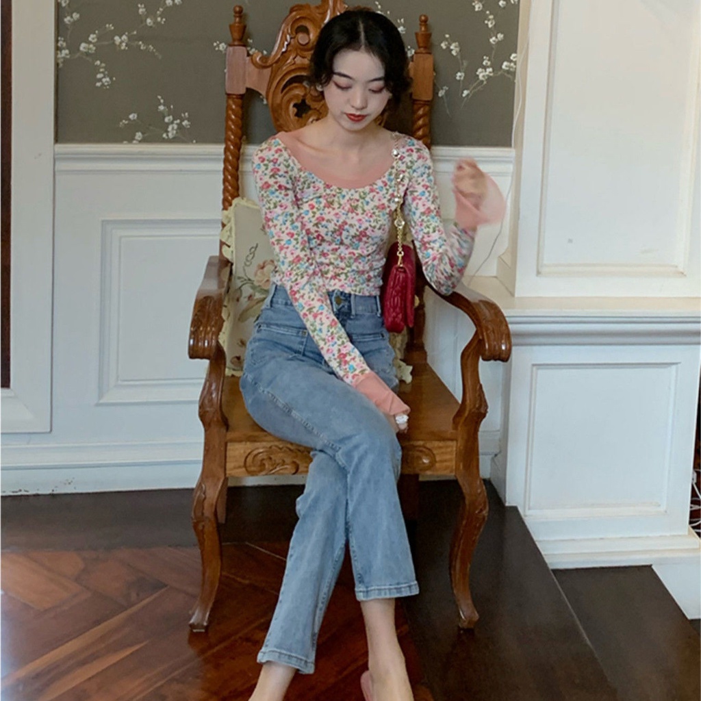Quần jeans lưng cao phong cách retro Hong Kong cho nữ