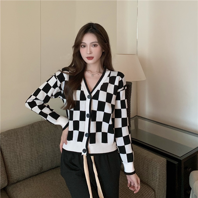 Áo Khoác cardigan Cổ Chữ V Dáng Rộng Họa Tiết Caro Thời Trang Thu Đông Phong Cách vintage Mới