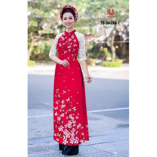 Áo dài truyền thống hoạ tiết hoa đào