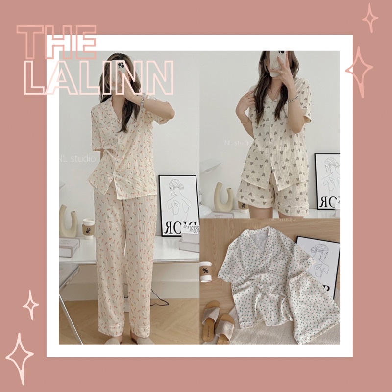 Pyjama cổ bẻ form rộng tay lửng nhiều hoạ tiết xinh xắn. Pyjama form rộng