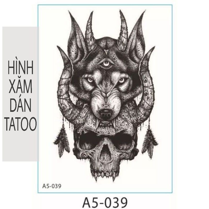 Hình xăm chó sói 3 mắt, size bắp tay &lt;15x21cm. Boss tatoo- xăm dán tạm thời