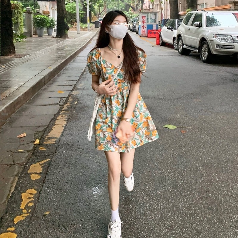 Đầm Hoa Tay Phồng Ngắn Thời Trang Mùa Hè Pháp Ngọt Ngào Cho Nữ