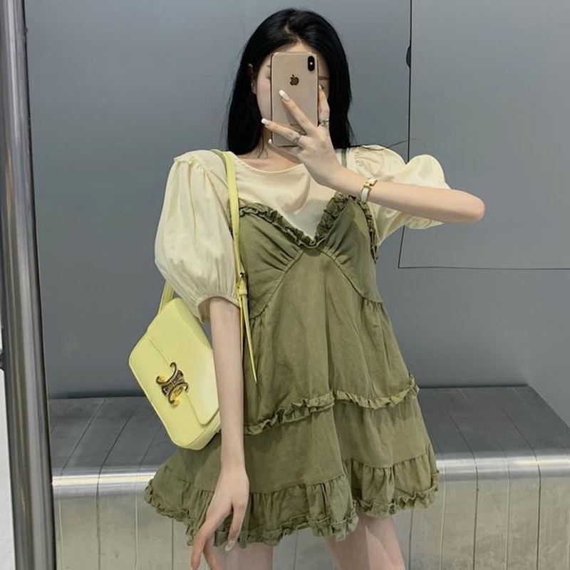 Set Áo Sơ Mi Tay Phồng + Váy Yếm Phong Cách Hàn Quốc Thời Trang Cho Nữ