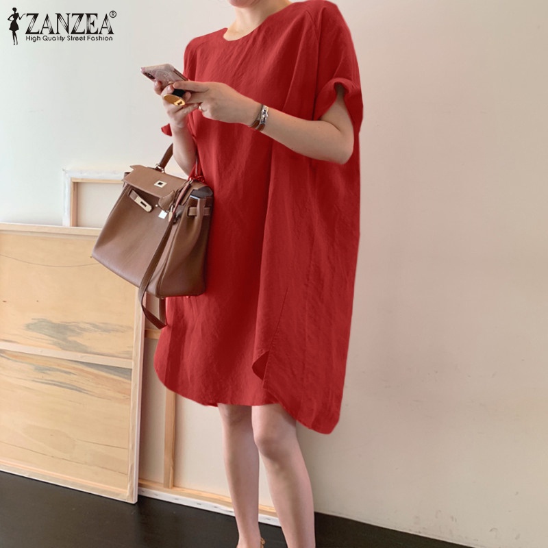 Đầm dáng rộng ngắn ZANZEA tay lửng cổ tròn màu trơn phong cách hàn quốc thời trang thường ngày cho nữ