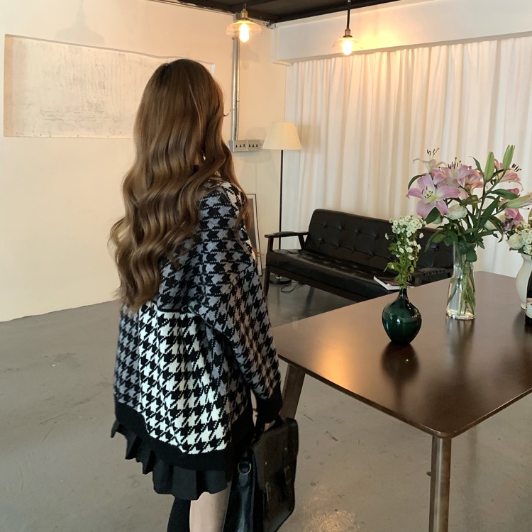 ZHELIHANGFEI Áo Len Tay Dài Họa Tiết Houndstooth Phong Cách Nhật Bản Dễ Phối Đồ