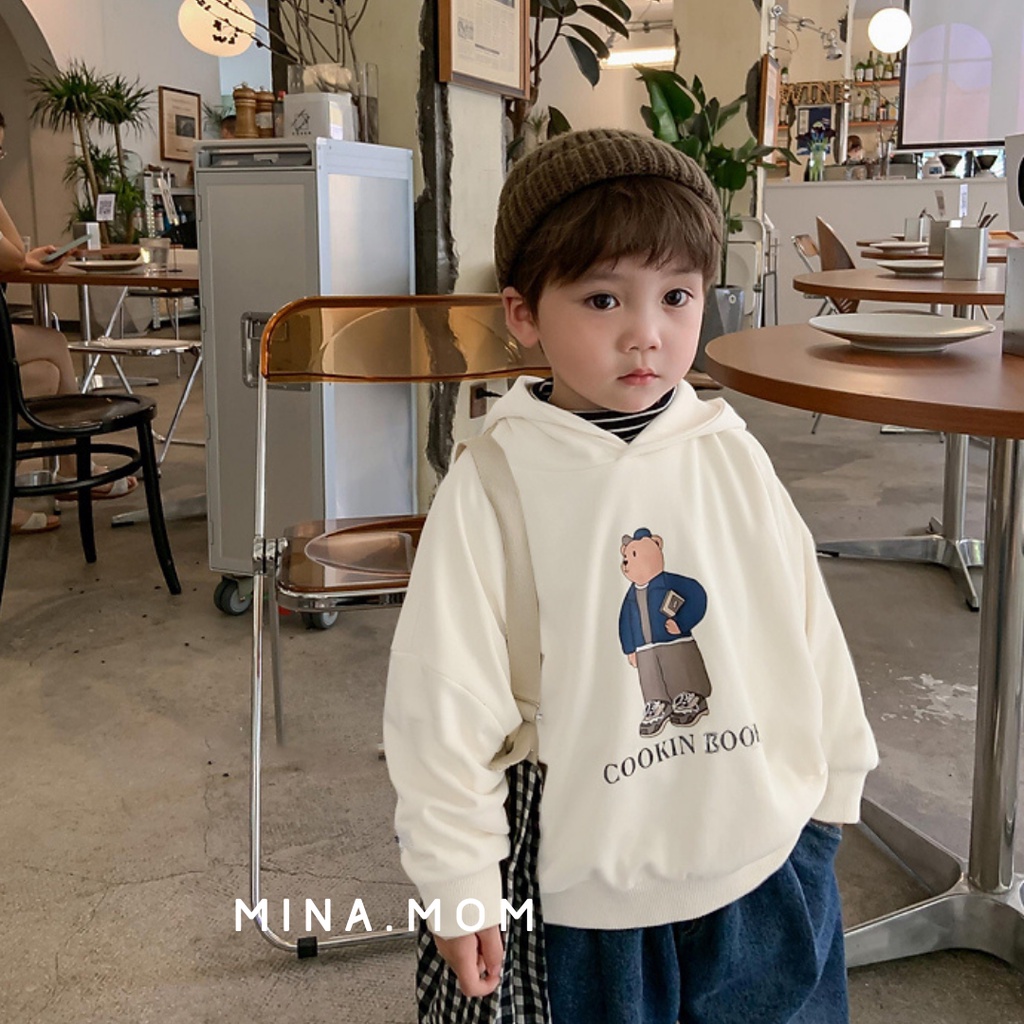 Áo nỉ thu đông, hoodie dài tay in gấu phong cách Hàn quốc cho bé trai, bé gái size 1,2,3,4,5,6 tuổi