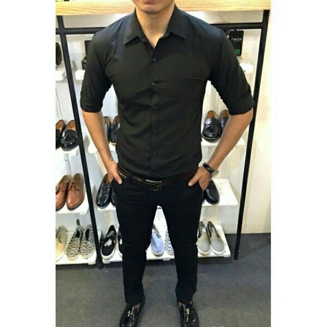[Freeship từ 99k] áo sơ mi nam đen dài tay phom ôm body Hàn Quốc | BigBuy360 - bigbuy360.vn